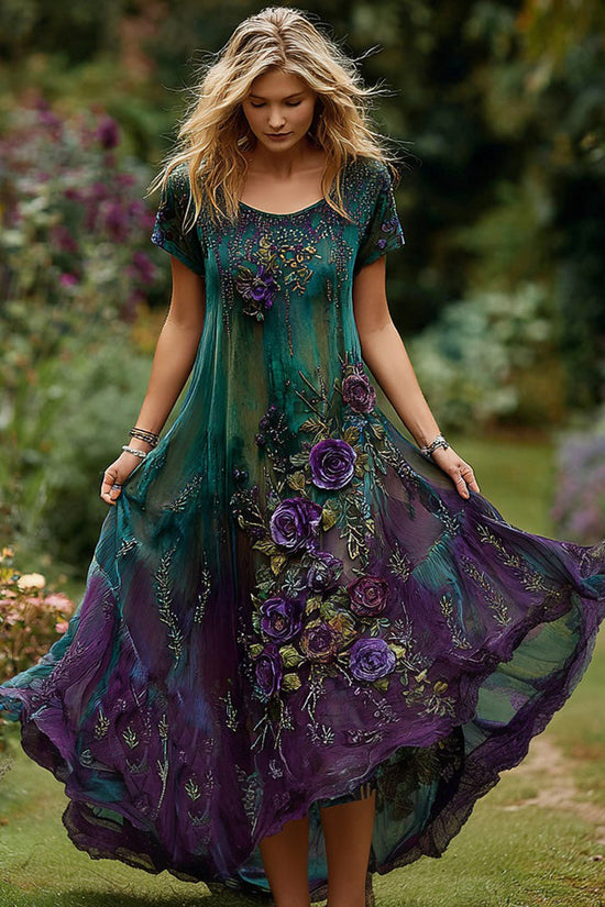 Women's Vintage Floral Embroidery Gradient Pattern Round Neck Dress