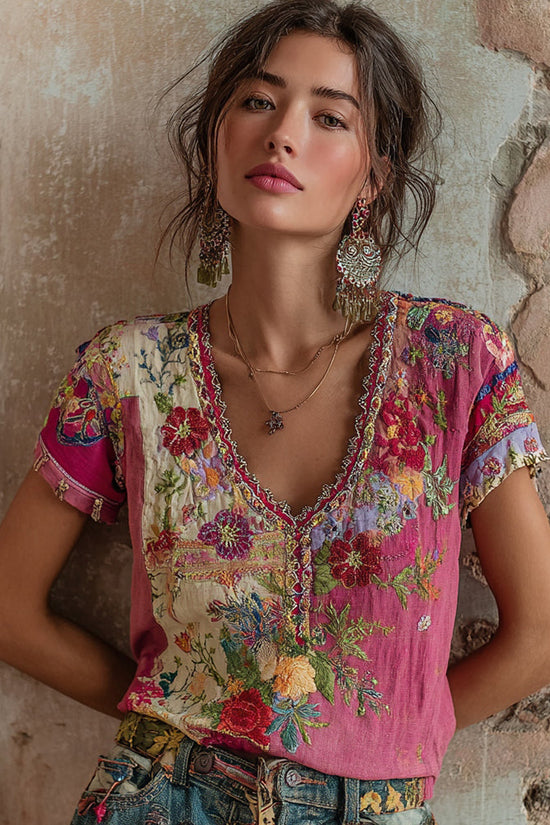 Women's Bohemian Floral Embroidery Art V-neck Contrast Color Linen Blend T-shirt