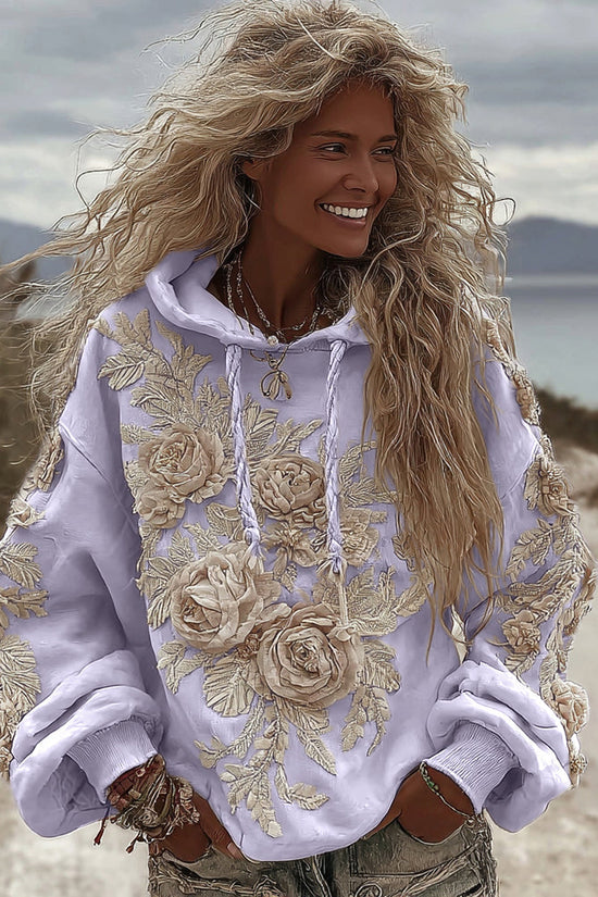 Women's Classic Romantic White Rose Embroidery Art Comfy Hoodie