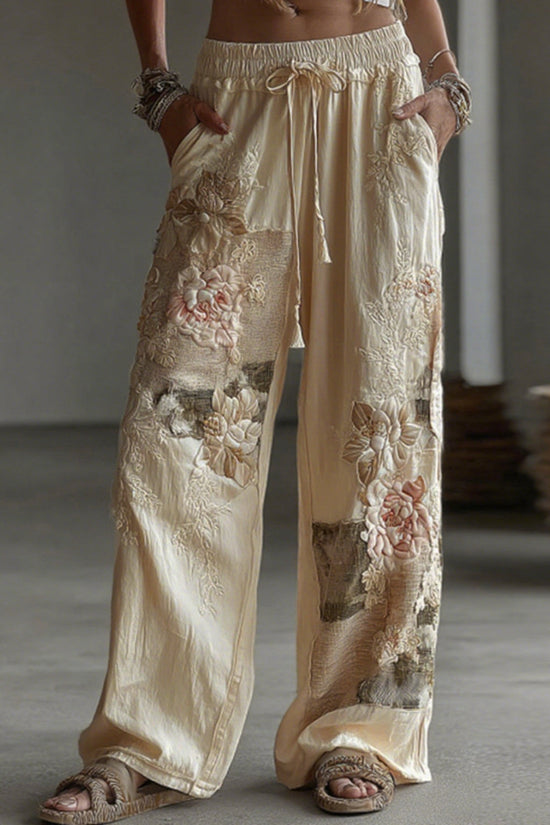 Women's Retro Floral Patchwork Art Casual Linen Pants