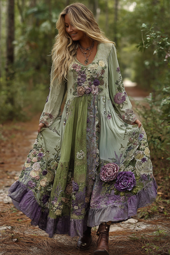 Vintage Classy Gradient Purple Lavender And Floral Embroidered Maxi Dress