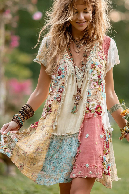 Women's Retro Floral Splicing Cotton And Linen Short Dress