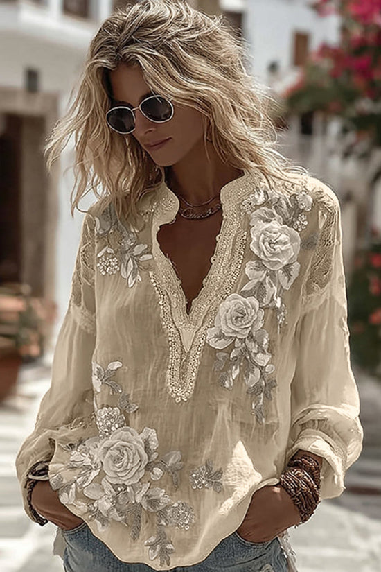 Women's Vintage Floral Embroidery Art Comfy Linen Shirts