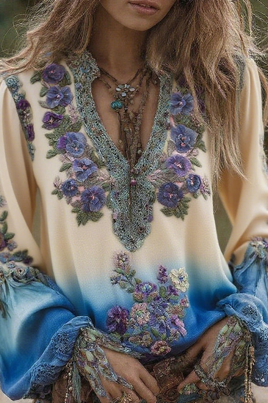 Vintage Classy Gradient Purple Pansy Embroidered Art Linen Long Sleeve Blouse