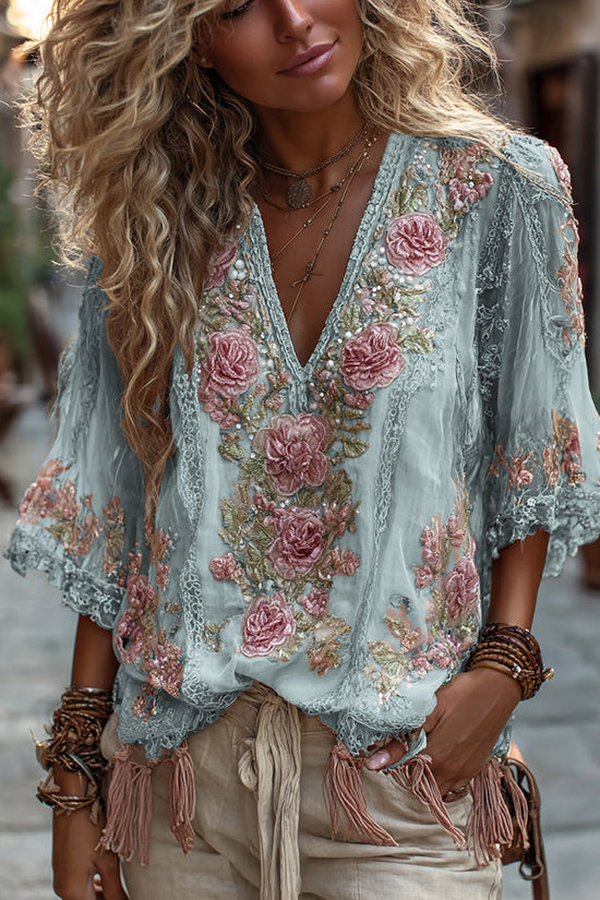 Women's Vintage Rose Embroidery Art Comfy Linen Shirts