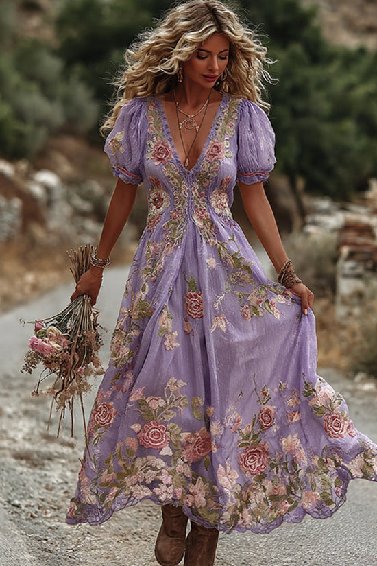 Women's Vintage Rose Embroidery Art Comfy Linen Maxi Dress
