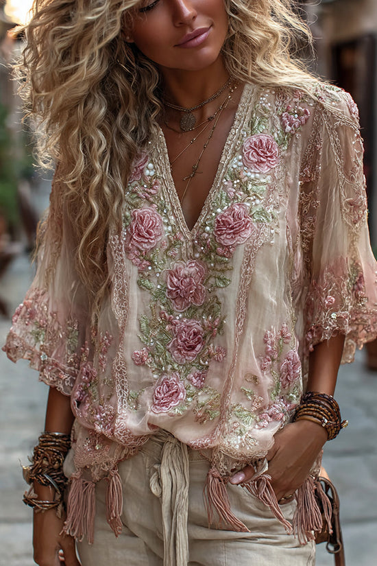 Women's Vintage Rose Embroidery Art Comfy Linen Shirts