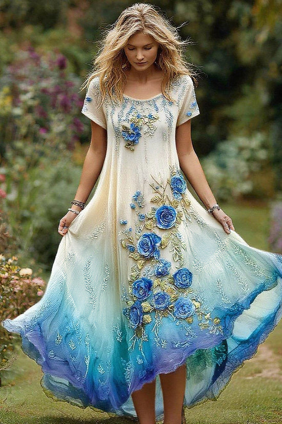 Women's Vintage Floral Embroidery Gradient Pattern Round Neck Dress