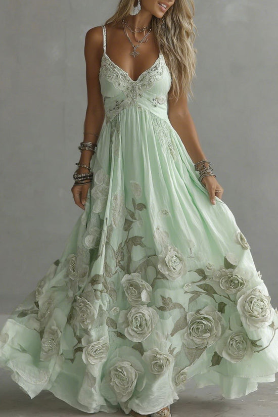 Women's Vintage Rose Embroidery Art V-neck Suspender Maxi Dress