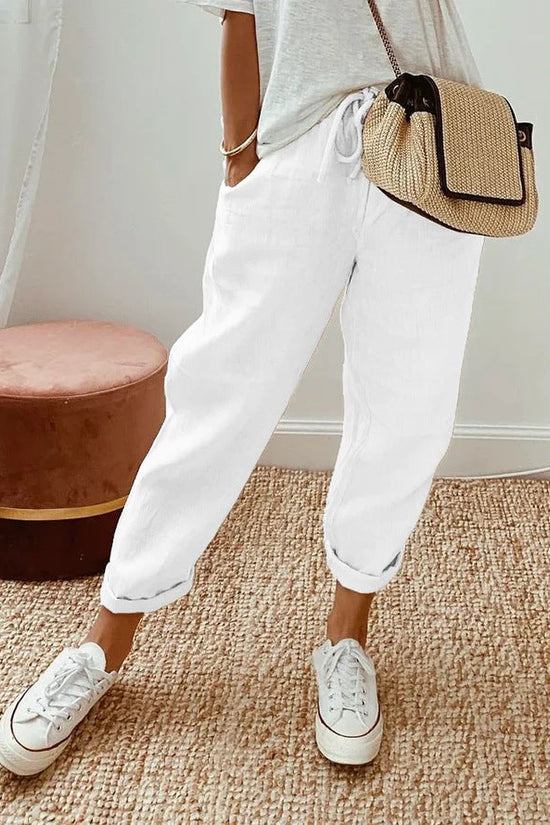 Solid Color Insert Pocket Drawstring Casual Pants
