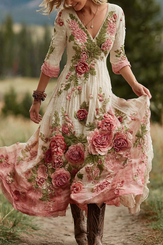 Women's Vintage Rose Floral Art V Neck Linen Blend Comfy Maxi Dress