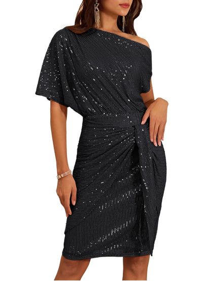 ⏰Hot Sale-Women's Sequin Sparkly Glitter One Shoulder Ruched Bodycon Dress(Buy 2 Free Shipping)