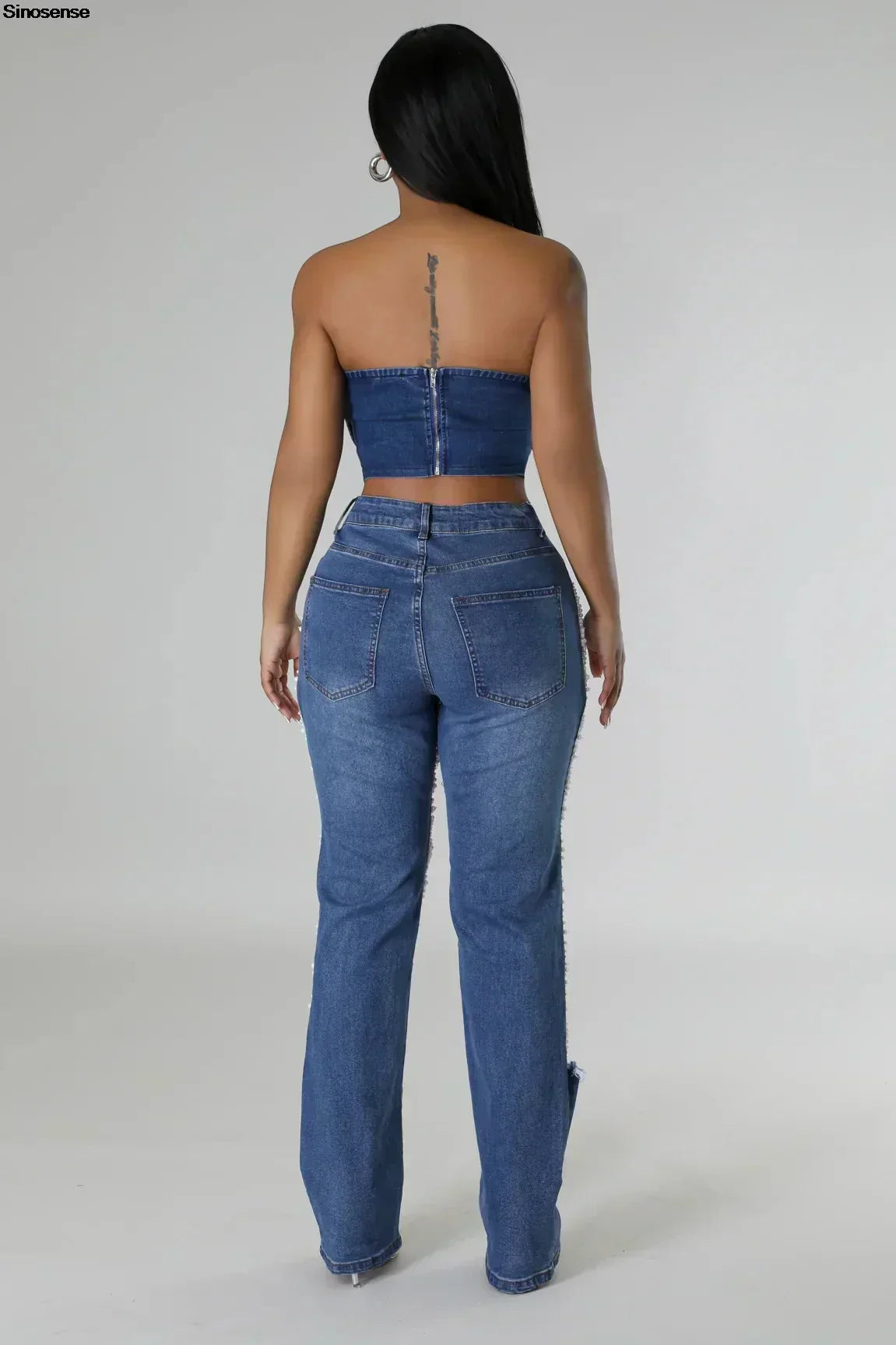 Women's Destroyed Ripped Hole Denim Pants Pearl Rhinestones Chain Distressed Slim Fit Skinny Jeans Y2K Night Club Party Jeans