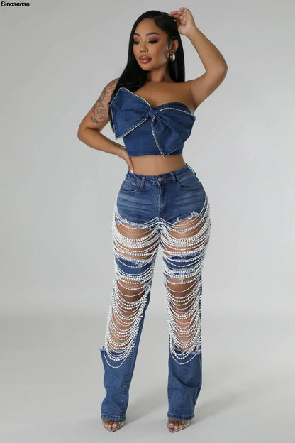 Women's Destroyed Ripped Hole Denim Pants Pearl Rhinestones Chain Distressed Slim Fit Skinny Jeans Y2K Night Club Party Jeans