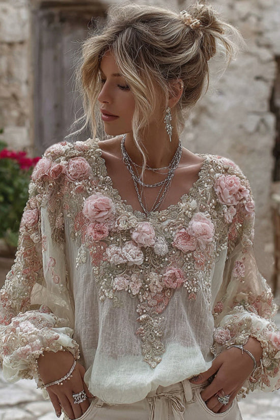 Women's Vintage Pink Rose Embroidery Art Round Neck Linen Blend T-shirt