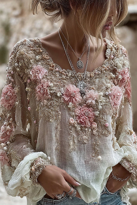 Women's Pink Rose Embroidery Art Round Neck Long Sleeve Linen Blend T-shirt