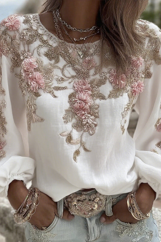 Women's Vintage Pink Rose Embroidery Art Round Neck Long Sleeve Linen Blend T-shirt