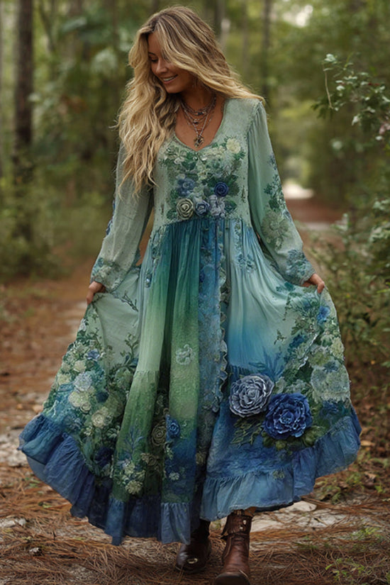 Vintage Classy Gradient Purple Lavender And Floral Embroidered Maxi Dress
