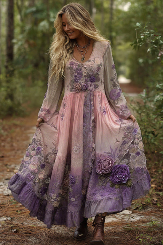 Vintage Classy Gradient Purple Lavender And Floral Embroidered Maxi Dress