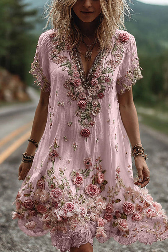 Vintage Floral Embroidery Short-sleeved Dress
