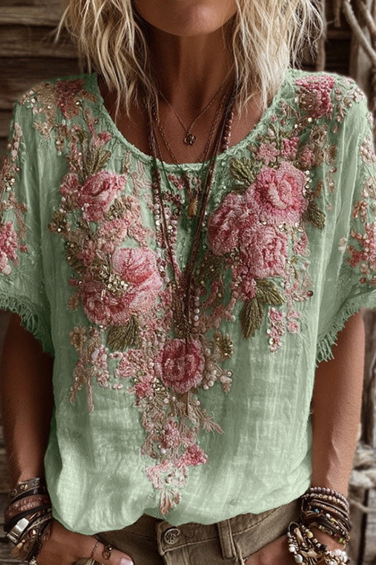 Women's Pink Rose Embroidery Art Round Neck Short Sleeve Linen Blend T-shirt