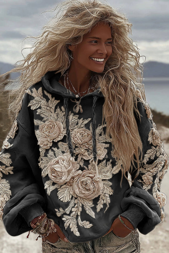 Women's Classic Romantic White Rose Embroidery Art Comfy Hoodie