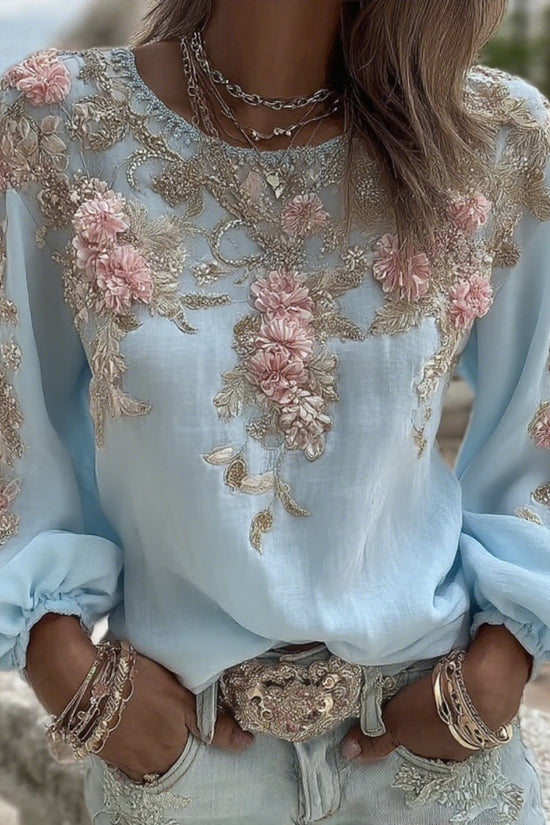Women's Vintage Pink Rose Embroidery Art Round Neck Long Sleeve Linen Blend T-shirt
