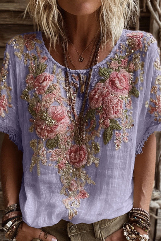 Women's Pink Rose Embroidery Art Round Neck Short Sleeve Linen Blend T-shirt