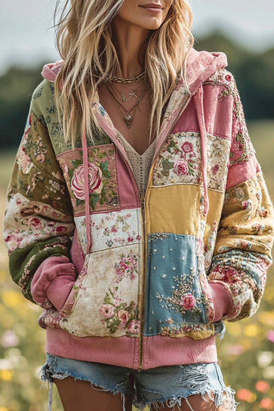 Women's Vintage Floral Patchwork Cozy Warm Zipper Hoodie