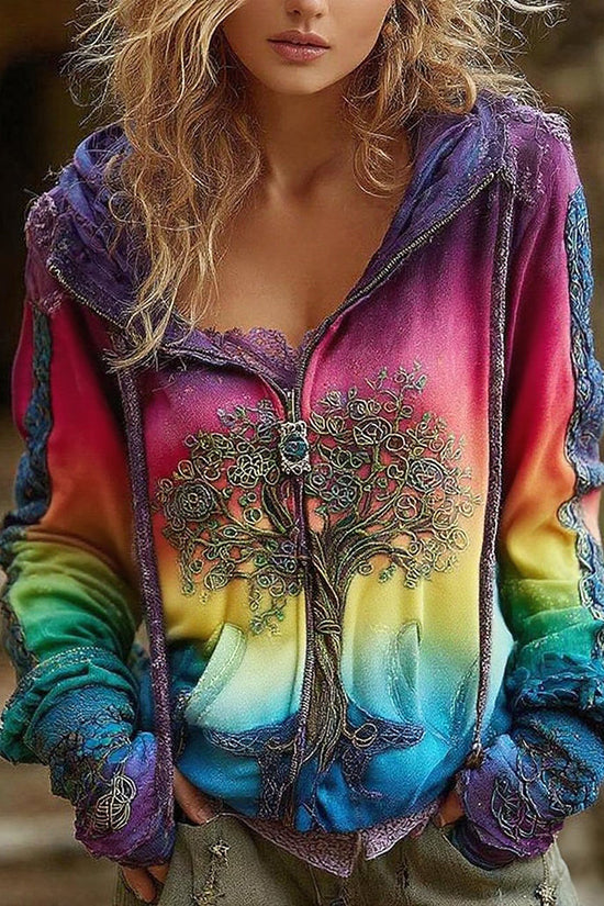 Women's Vintage Viking Tree Of Life Cozy Warm Zip Hoodie Cardigan