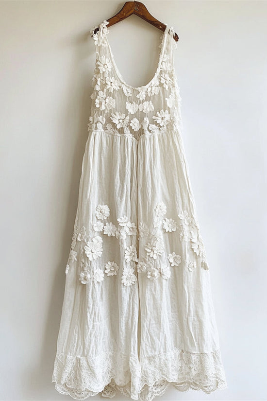 Vintage Floral Hollow Lace Patchwork Linen Tank Dress