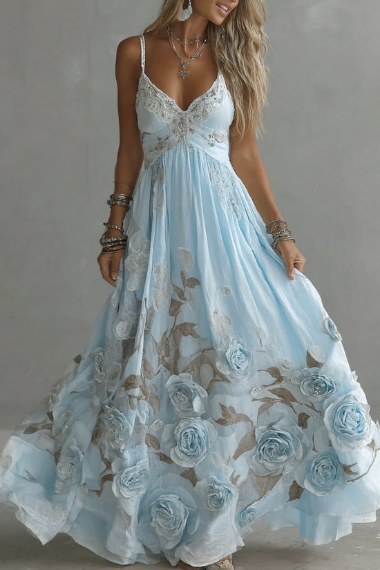 Women's Vintage Rose Embroidery Art V-neck Suspender Maxi Dress