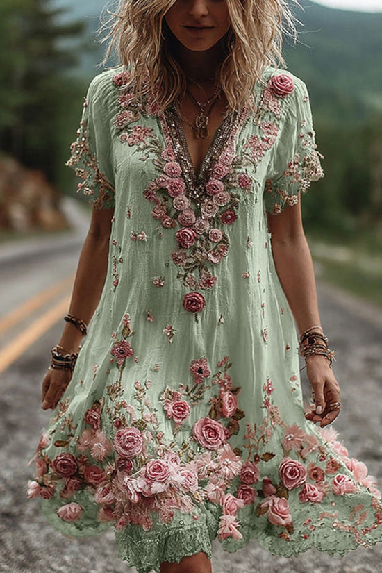 Vintage Floral Embroidery Short-sleeved Dress