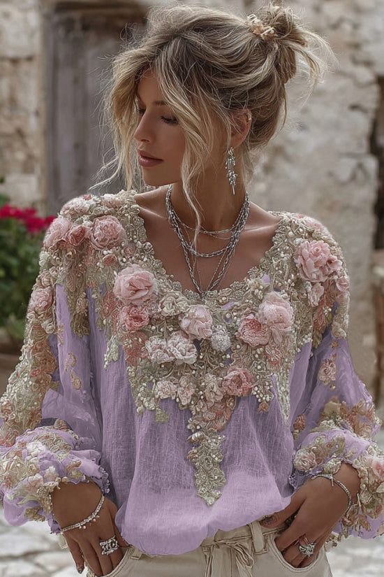 Women's Vintage Pink Rose Embroidery Art Round Neck Linen Blend T-shirt