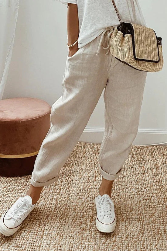 Solid Color Insert Pocket Drawstring Casual Pants