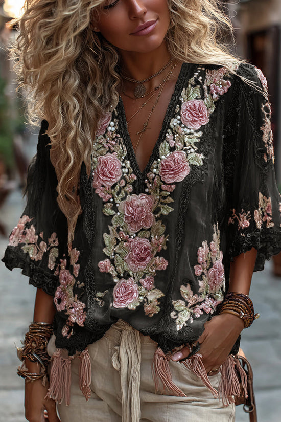 Women's Vintage Rose Embroidery Art Comfy Linen Shirts