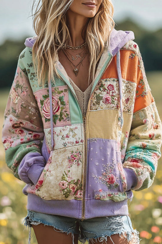 Women's Vintage Floral Patchwork Cozy Warm Zipper Hoodie