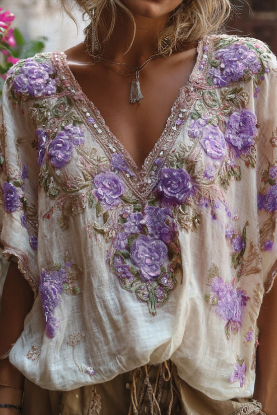 Bohemian-style Pink Floral Embroidery V-neck Short-sleeved Shirt With Sequins