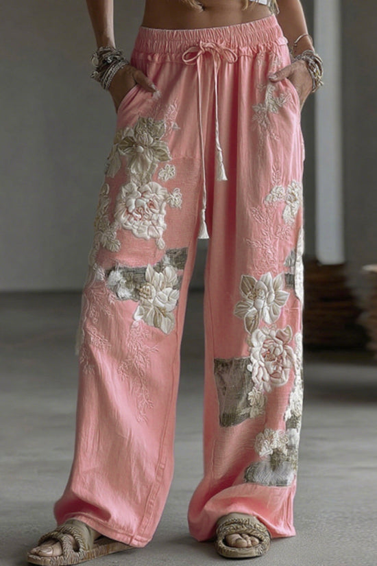Women's Retro Floral Patchwork Art Casual Linen Pants