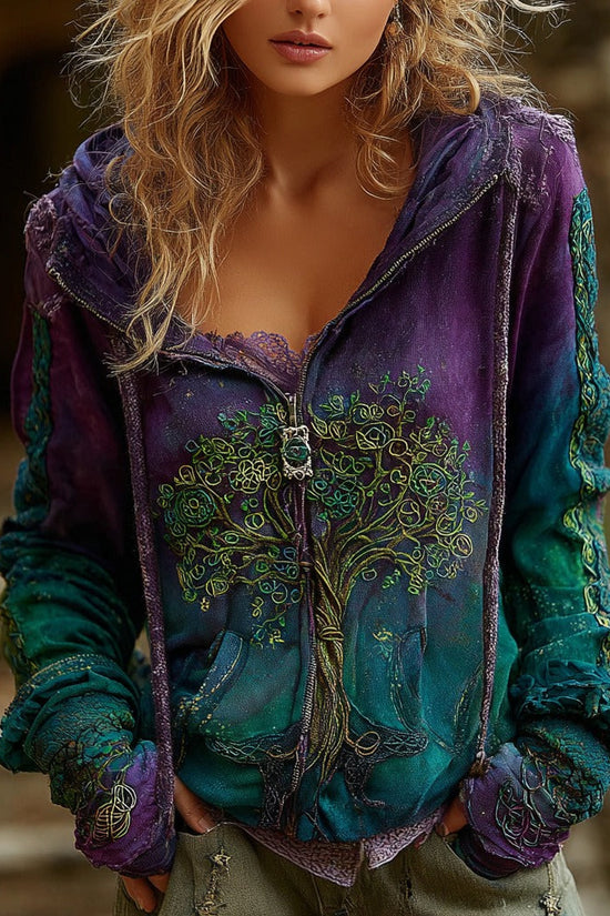 Women's Vintage Viking Tree Of Life Cozy Warm Zip Hoodie Cardigan