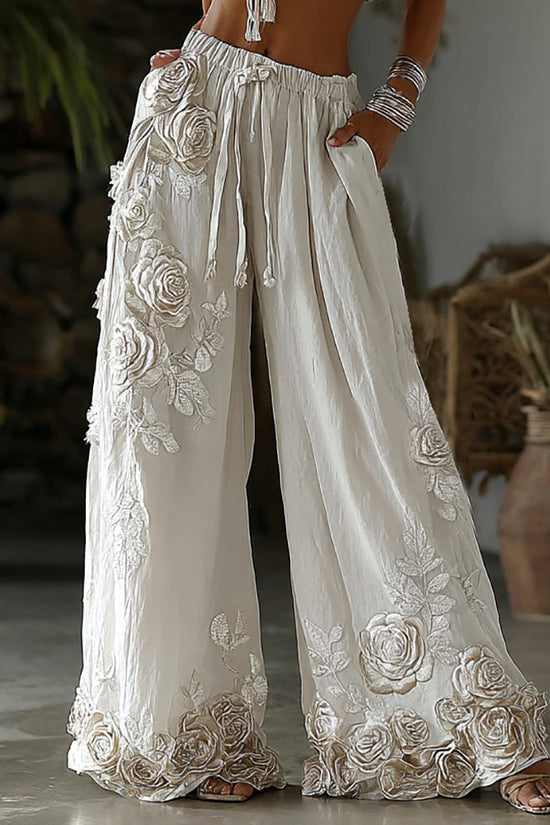 Women's Retro Floral Embroidery Art Casual Linen Pants