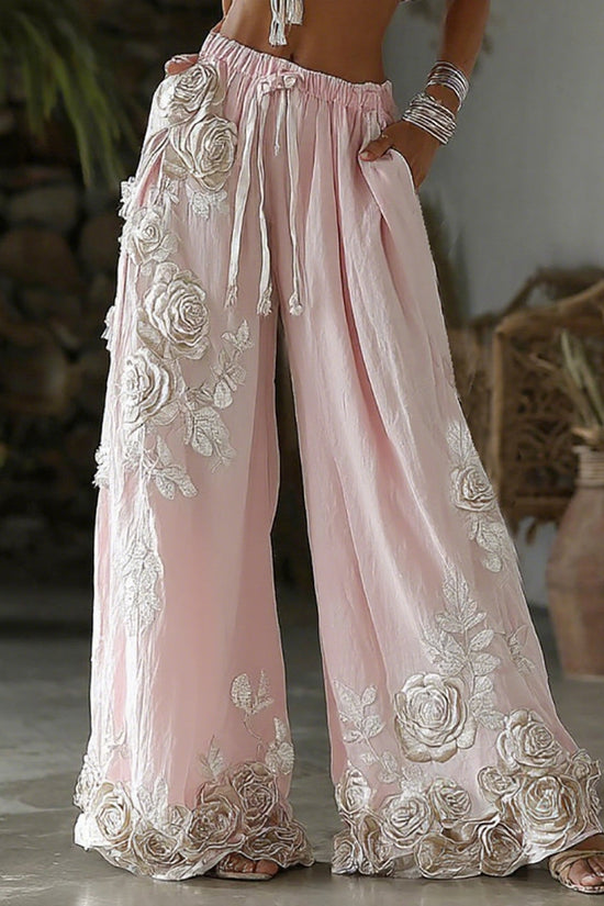 Women's Retro Floral Embroidery Art Casual Linen Pants