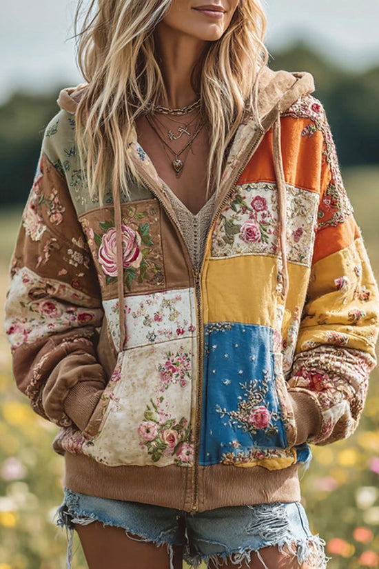 Women's Vintage Floral Patchwork Cozy Warm Zipper Hoodie