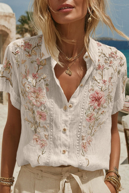 Women's Vintage Embroidery Floral Art Short Sleeve Shirt