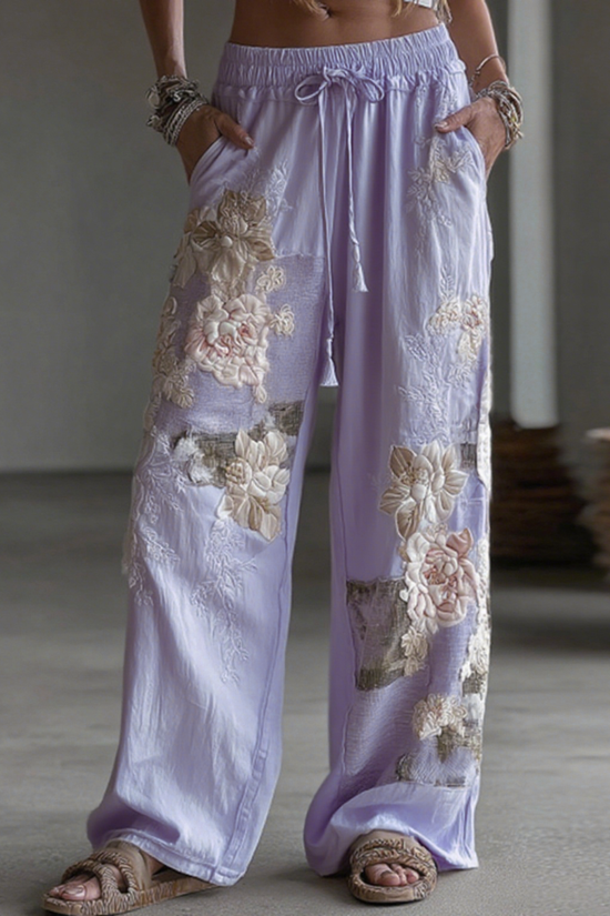 Women's Retro Floral Patchwork Art Casual Linen Pants