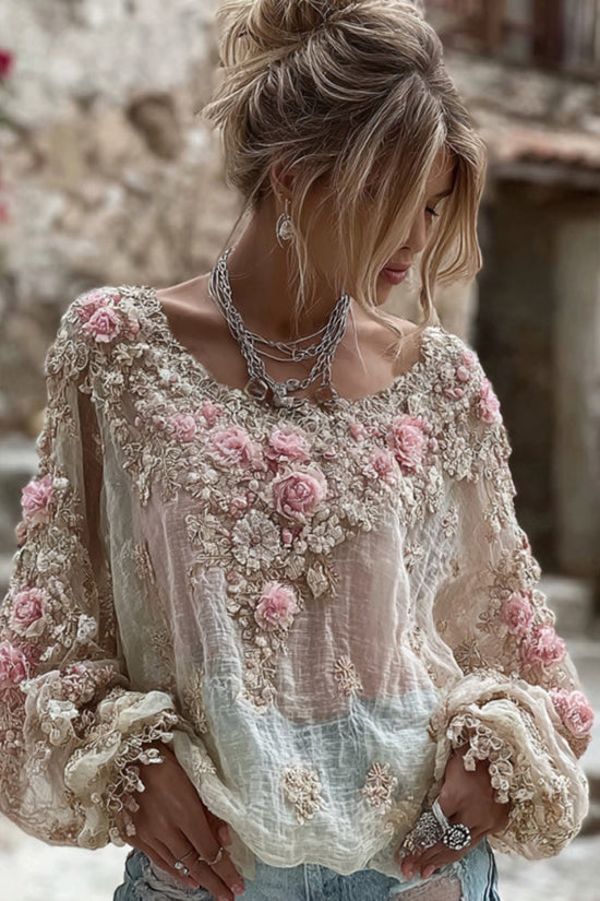 Women's Vintage Pink Flower Embroidery Art Round Neck Long Sleeve Linen Blend T-shirt