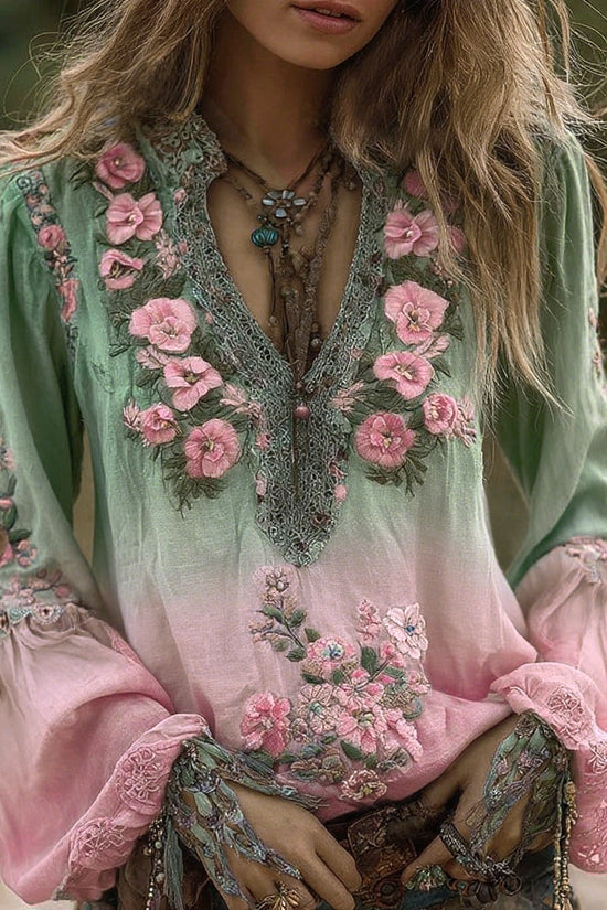 Vintage Classy Gradient Purple Pansy Embroidered Art Linen Long Sleeve Blouse