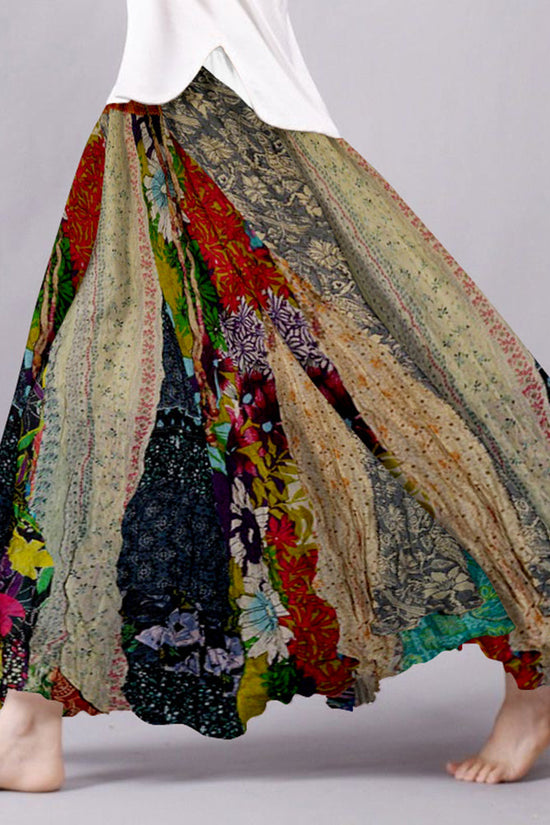 Vintage Boho Patchwork Flowy Linen Blend Wide Skirt