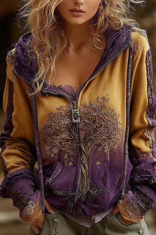 Women's Vintage Viking Tree Of Life Cozy Warm Zip Hoodie Cardigan
