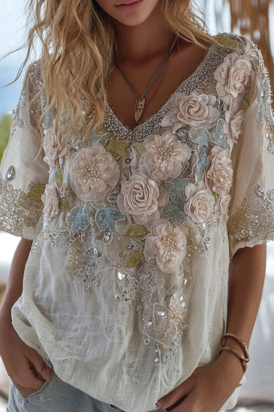 Bohemian White Rose Rhinestone V-neck Loose Retro Short-sleeve T-shirt